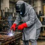 Trabalhador com avental e luvas em crute a segurar ferramenta junto a fonte de calor.