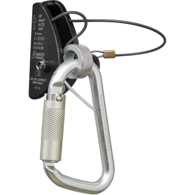 Dispositivo antiqueda Kratos LOREL em alumínio com mosquetão de aço e marcações EN 353‑2