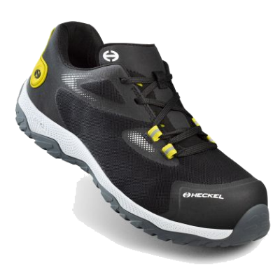 Sapato de segurança preto com detalhes amarelos e sola robusta, visto de perfil