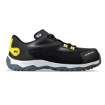 Vista lateral do sapato Heckel com reforços em TPU e detalhes amarelos