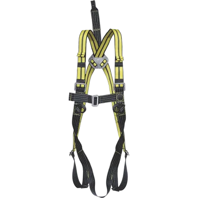 Arnês antiestático preto e amarelo com fivelas ajustáveis e anel dorsal