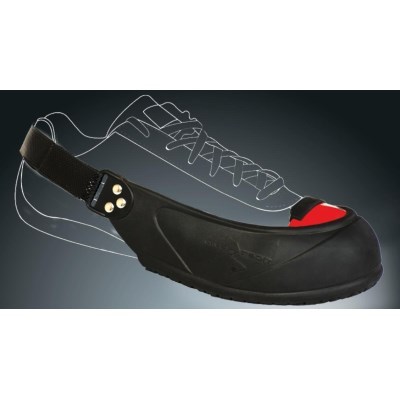 Biqueira de visitante com proteção vermelha 200J sobre sapatilha — EPI ajustável para ambientes industriais