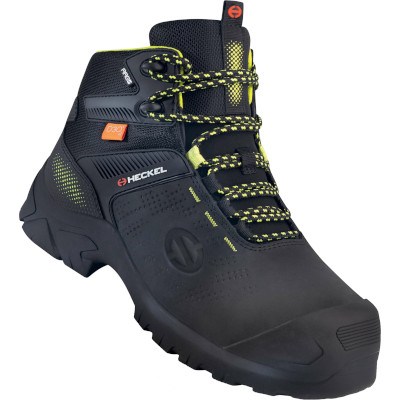Bota de segurança preta Heckel com atacadores amarelos e reforço frontal, vista lateral