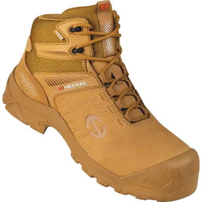 Bota de segurança castanha com cano alto e sola robusta para todo‑o‑terreno