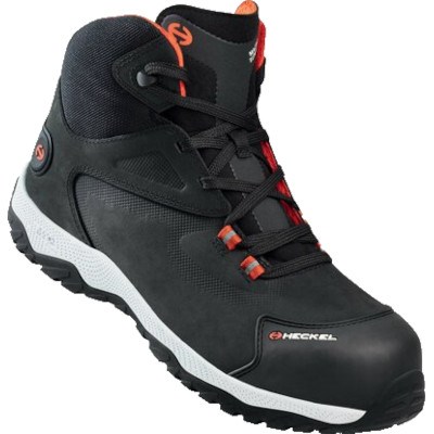 Bota de segurança Heckel preta com detalhes vermelhos e sola robusta, vista lateral