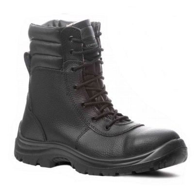 Bota de segurança preta Coverguard com cano alto e sola robusta, vista lateral
