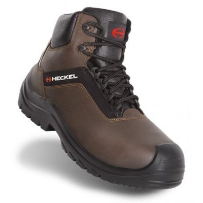 Bota de segurança castanha Heckel com sola preta e reforço frontal, vista lateral