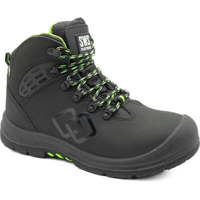 Bota de segurança preta SWS com atacadores verdes e reforço frontal, vista lateral