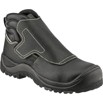 Bota de soldador Qandilite II preta com aba de proteção e sola robusta, vista lateral.