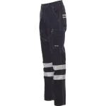 Calças de trabalho azul‑escuras com bolso cargo lateral e faixas refletoras.