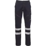 Calças de trabalho azul‑escuras com faixas refletoras nas pernas e bolsos funcionais.