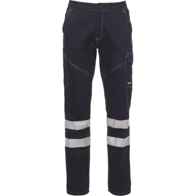 Calças de trabalho azul‑escuras com faixas refletoras nas pernas e bolsos funcionais.