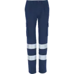 Calças de visibilidade aumentada Missouri azul-marinho com fitas retrorrefletoras e multibolsos, vista frontal.