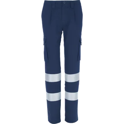 Calças de visibilidade aumentada Missouri azul-marinho com fitas retrorrefletoras e multibolsos, vista frontal.