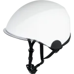 Capacete branco com acabamento brilhante e jugular preta ajustável.