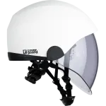 Capacete branco com viseira transparente integrada e jugular ajustável.