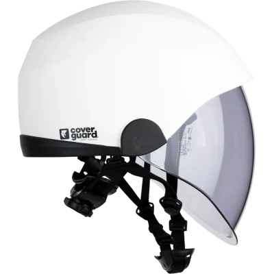 Capacete branco com viseira transparente integrada e jugular ajustável.