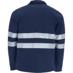 Parte traseira de casaco softshell azul‑marinho com duas faixas retrorrefletoras horizontais.
