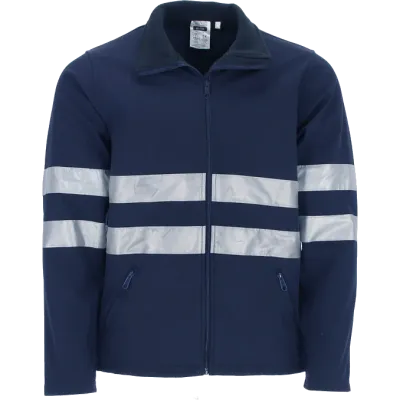 Casaco softshell azul‑marinho com duas faixas retrorrefletoras no peito e mangas.