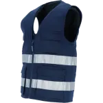 Colete azul-marinho com fecho frontal, múltiplos bolsos e faixas retrorrefletoras.