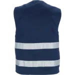 Parte traseira de colete azul-marinho com duas faixas retrorrefletoras horizontais.