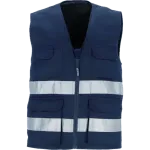 Colete azul-marinho com bolsos frontais e duas faixas retrorrefletoras horizontais.