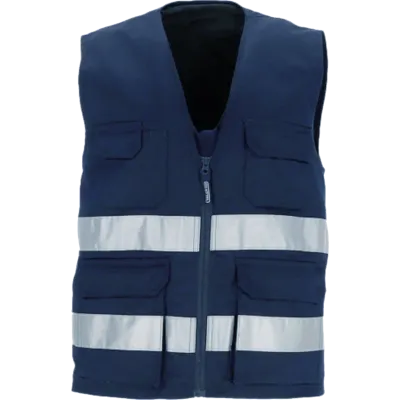 Colete azul-marinho com bolsos frontais e duas faixas retrorrefletoras horizontais.