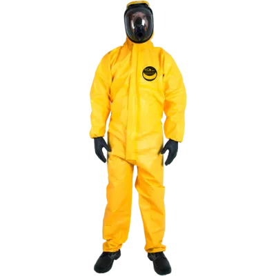 Fato macaco de proteção química Hazmat WeeJet Tipo 3B/4B/5B/6B amarelo com capuz e máscara respiratória.