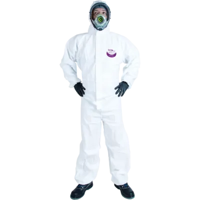 Fato macaco de proteção Tipo 5/6 WeePro descartável em material microporoso respirável com capuz e proteção contra agentes químicos e biológicos.