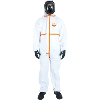 Fato macaco de proteção química Tipo 4/5/6 WeePro Max+ com costuras termosseladas, capuz de três peças, passadores para polegar e fecho frontal de duplo cursor.