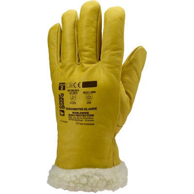 Luva térmica Coverguard Islande em pele amarela com punho forrado e marcação EN 388 + EN 511