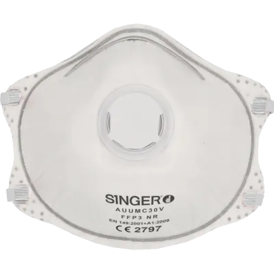 Máscara FFP3 Singer AUUMC30V branca com válvula e elásticos duplos, vista frontal.