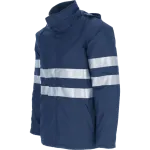 Parka azul-marinho com gola alta, fecho frontal e faixas retrorrefletoras.