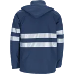 Parte traseira de parka azul-marinho com duas faixas retrorrefletoras horizontais.