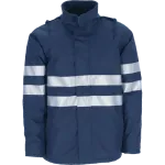 Parka azul-marinho com duas faixas retrorrefletoras no peito e mangas.