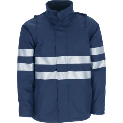 Parka azul-marinho com duas faixas retrorrefletoras no peito e mangas.