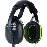 Protetor auricular preto com detalhes verdes e arco ajustável, modelo Coverguard.