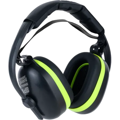 Protetor auricular Coverguard MAX710 preto e amarelo fluorescente com arco acolchoado.