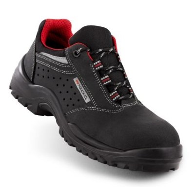 Sapato de segurança preto com perfurações laterais e interior vermelho, visto de perfil
