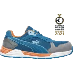 Sapato de segurança Puma Frontside Blue com sola branca e detalhes laranja