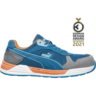 Sapato de segurança Puma Frontside Blue com sola branca e detalhes laranja