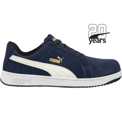 Sapato de segurança Puma Iconic Navy azul com sola branca e faixa Puma