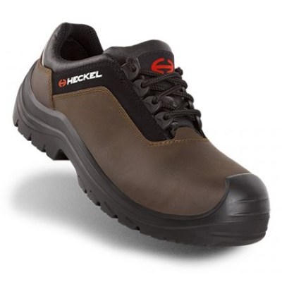 Sapato de segurança Heckel Offroad S3 em pele castanha com sola preta, vista lateral