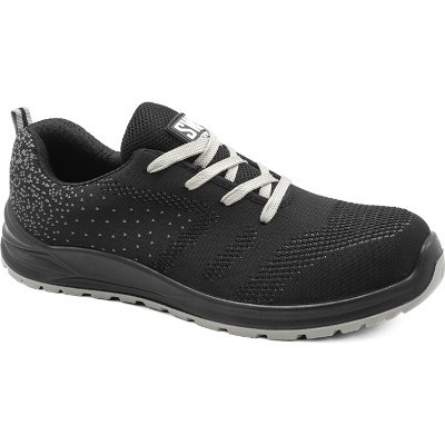 Sapatilha de segurança preta em malha respirável com atacadores claros e sola cinzenta