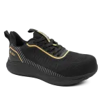 Sapato de segurança SWS Spider preto com detalhes amarelos e sola desportiva, vista lateral.