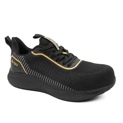 Sapato de segurança SWS Spider preto com detalhes amarelos e sola desportiva, vista lateral.