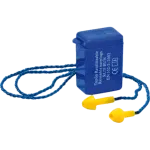 Tampões auriculares reutilizáveis amarelos com cordão azul e caixa de transporte azul.