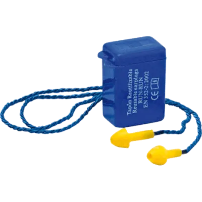 Tampões auriculares reutilizáveis amarelos com cordão azul e caixa de transporte azul.