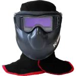 Máscara de proteção integral com viseira automática e capuz ignífugo preto e vermelho
