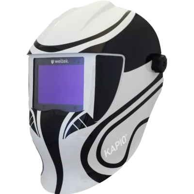 Viseira de soldadura Kapio S13 branca com visor automático e design curvo, vista de frente.